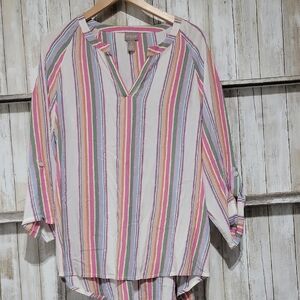 Chico's Pink Pastel Striped 3/4 Sleeve Notched Collar Blouse Size Large
